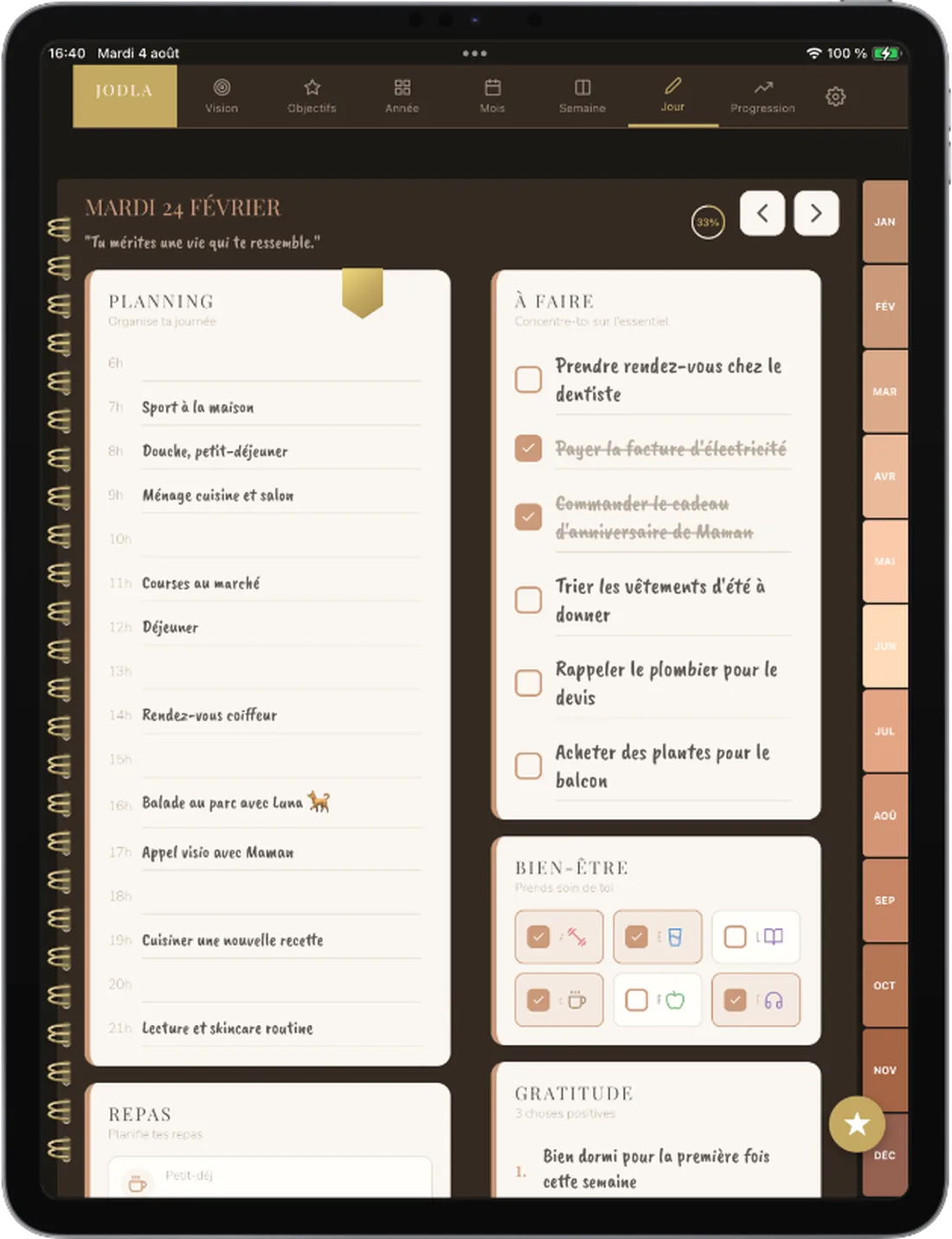 Life planner JODLA — app agenda en mode nuit, thème Nude