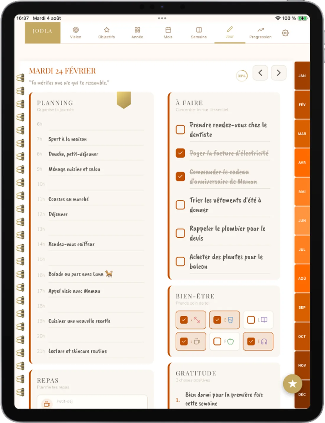 Life planner JODLA — agenda, vue du jour avec le thème Orange