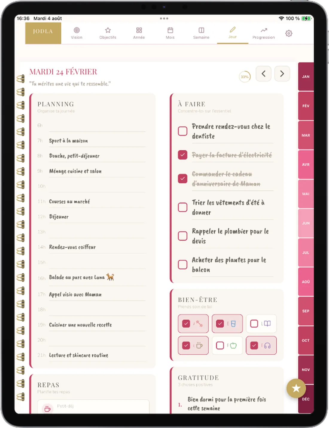 Life planner JODLA — agenda, vue du jour avec le thème Rose