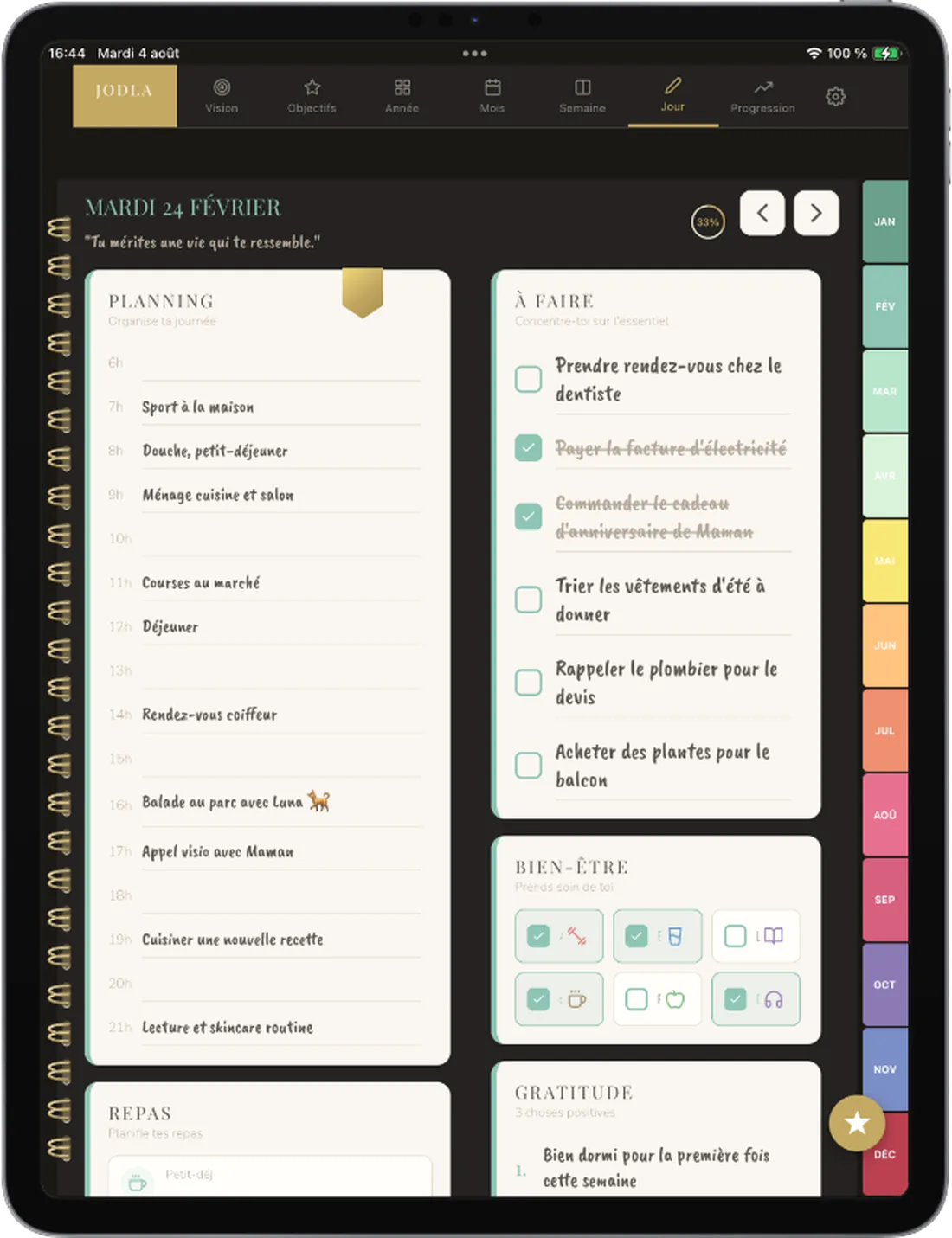 Life planner JODLA — app agenda en mode nuit, thème Sarcelle