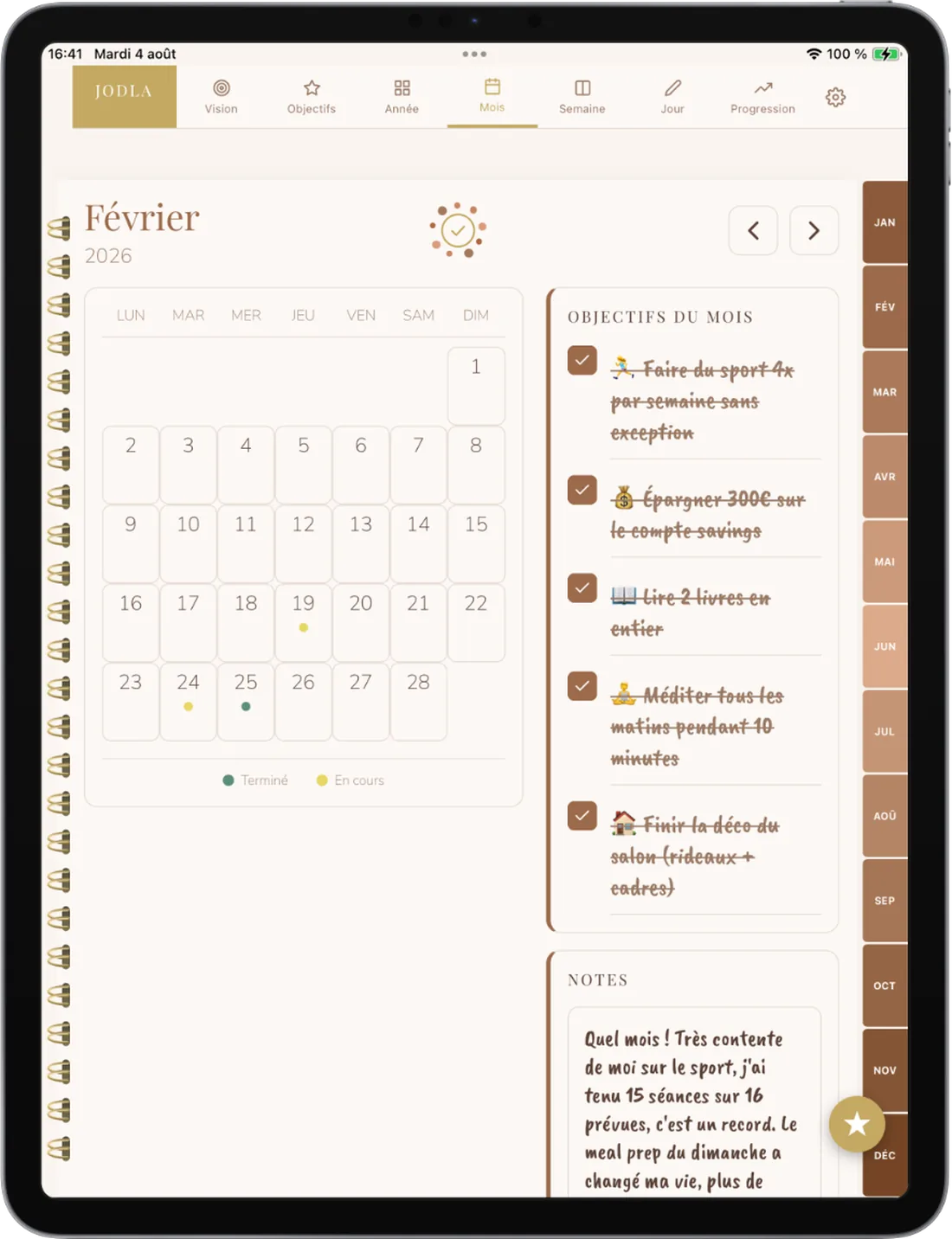 Life planner JODLA — app agenda, calendrier du mois et notes