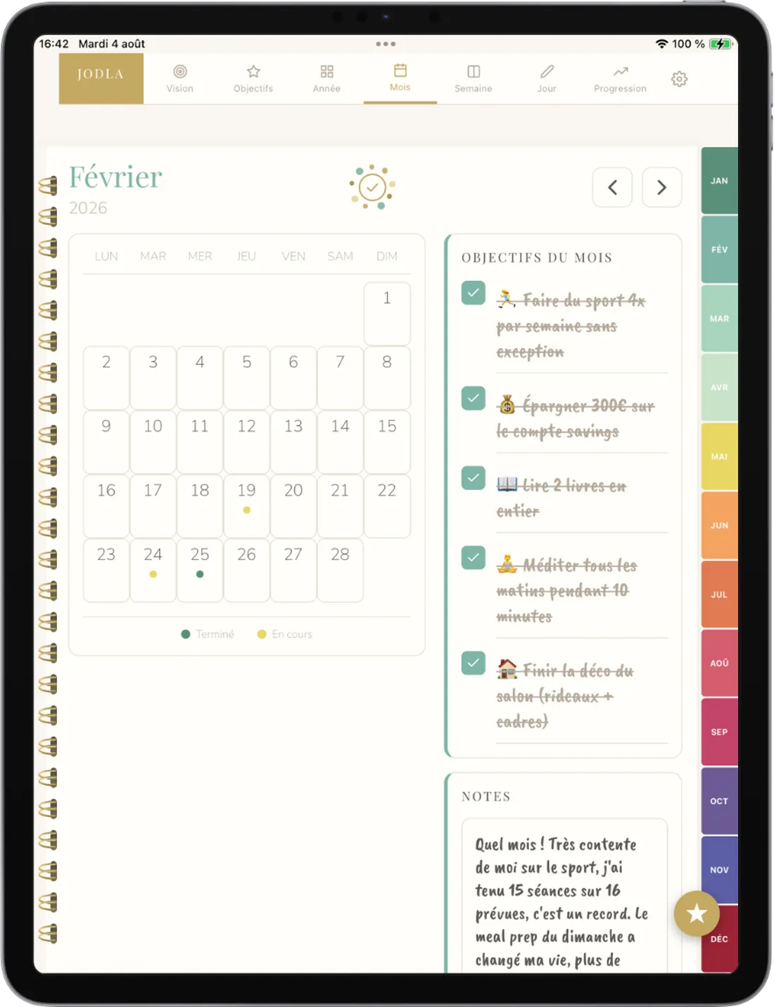 Life planner JODLA — agenda numérique, vue du mois et objectifs