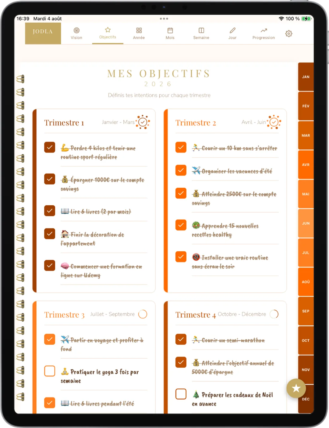 Life planner JODLA — app agenda, objectifs trimestriels et habitudes