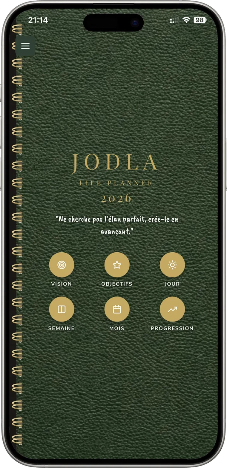 Life planner JODLA — app agenda sur iPhone, couverture cuir Émeraude