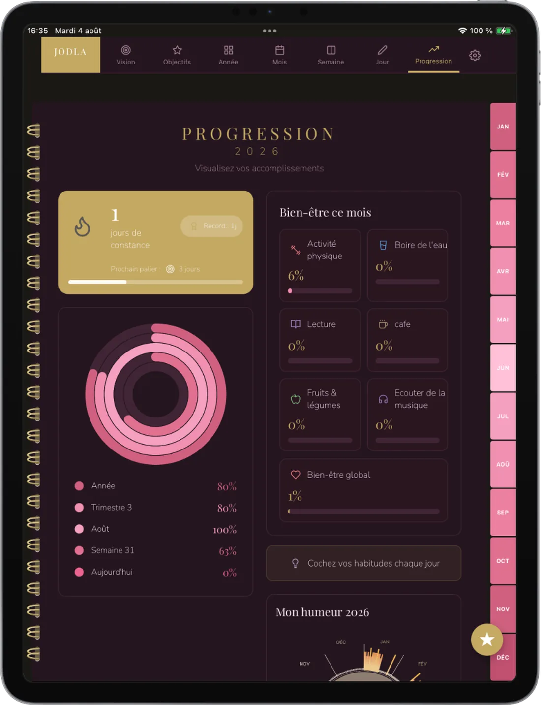 Life planner JODLA — app agenda, suivi de progression et humeur du mois