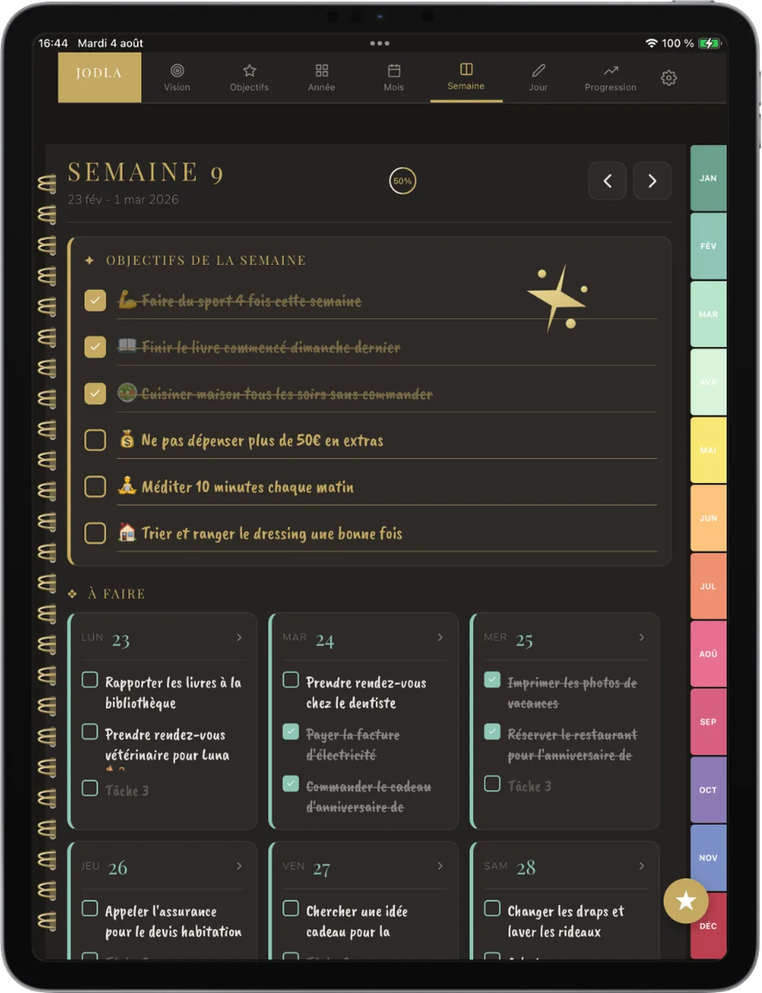 Life planner JODLA — agenda en mode nuit, vue de la semaine