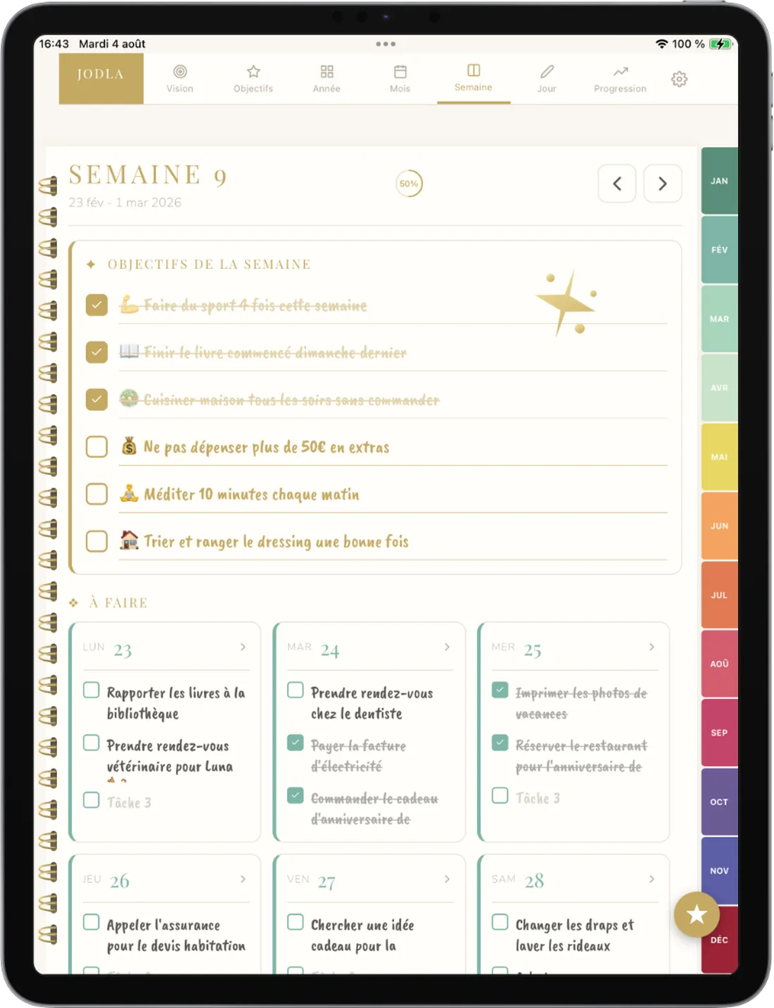 Life planner JODLA — agenda numérique, vue de la semaine sur iPad