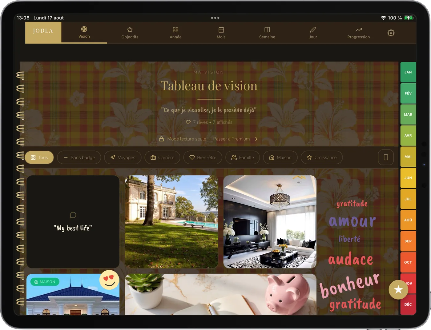 Life planner JODLA — agenda numérique, tableau de vision sur iPad, thème Madras